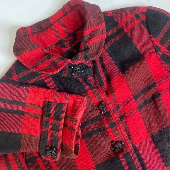 BB Dakota Coat Womens XL Plaid Cotton Blend Skull Button Grunge Tweed Pea Coat - Picture 4 of 12